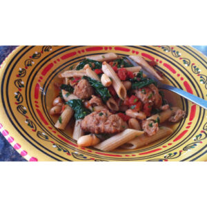 Penne with Hot Italian Turkey Sausage, White Beans and Kale